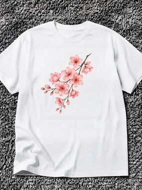 Gildan White Short Sleeve Tee with Pink Cherry Blossom Graphic